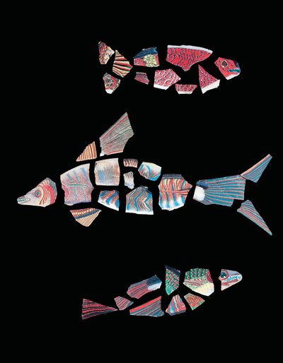 Drie mozaïek fragmentarische visinlegstukken, Ptolemaïsch-Romeinse periode, ca. 1e eeuw v.Chr. - 3e eeuw n.Chr. door Unbekannt