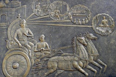 Tinh Xa Ngoc Chau Boeddhistische tempel, Het Leven van de Boeddha, Siddhartha Gautama, Prins Siddhartha vroeg een wagenmenner om hem mee te nemen op een reeks ritten door het platteland, Chau Doc, Vietnam, 2018 (foto) door Unbekannt