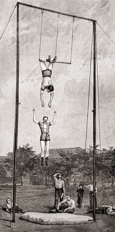 Trapeze-artiesten in de 19e eeuw, uit The Century Magazine, gepubliceerd 1887 (gravure) door Unbekannt