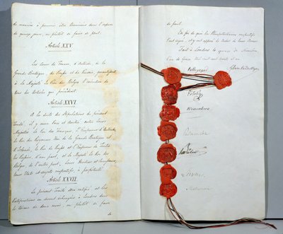 Verdrag dat België als een Soevereine Staat vestigt, ondertekend op 15 november 1831 op de Conferentie van Londen (pen en inkt & was op papier) door Unbekannt