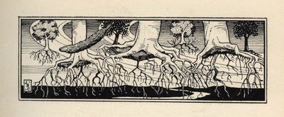 Bomen ontworteld door een storm planten hun wortels opnieuw op de exacte locatie waar ze waren. Illustratie door William Strang (1859-1921) en JB Clark uit 