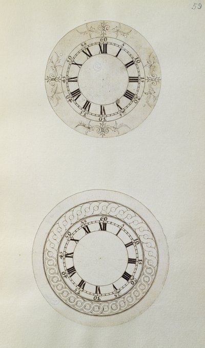 Twee ontwerpen voor grote emaille horlogewijzerplaten, uit mechanische notities en tekeningen samengesteld door John Harrison (1693-1776) en zijn zoon William (c.1726-72) door Unbekannt