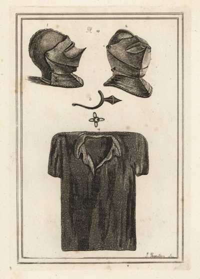 Twee uitzichten van een bijzonder helm in de Tower of London, een curieuze antieke prikkerspoor en een maliënkolder door Unbekannt