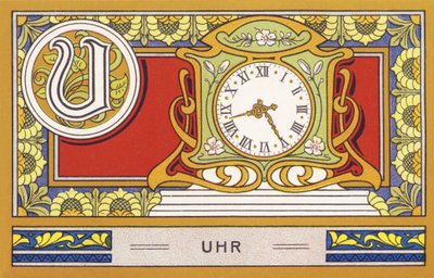 U : Uhr - Alfabet Palmin. Serie chromolithografieën uitgegeven door H. Schlinck & Cie, Hamburg, s. d. . Reclame voor Palmin feinstes Cocosfett. Afmetingen: 7 x 11 cm door Unbekannter Künstler