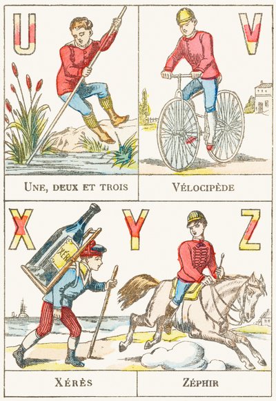 U V X Y Z; U: Een, twee en drie; V: Velocipede; X: Xeres; Z: Zephir - Spelletjes Alfabet, c.1890 door Unbekannt