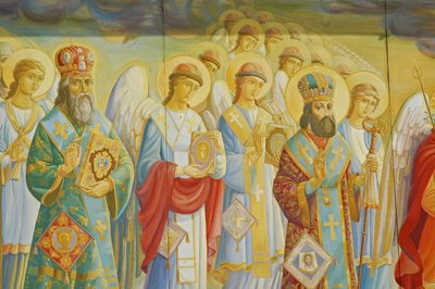 Oekraïne, Kiev, St. Michaëls Orthodox Klooster (orig 1108, herbouwd 2001), externe fresco door Unbekannt