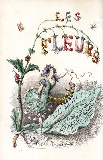 Een bloemenfee zit op een blad en houdt een lint vast (titelpagina) - Les fleurs animées door Unbekannter Künstler