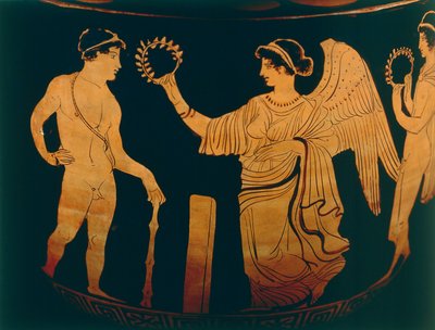 Vaas, decoratie die overwinning toont die een atleet kroont met olijftak, detail door Unbekannter Künstler