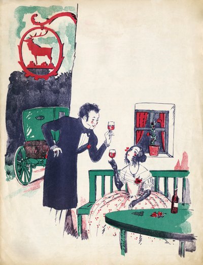 Weense romance - vroeg 19e eeuws paar drinkt rode wijn, brengt een toast uit in de 