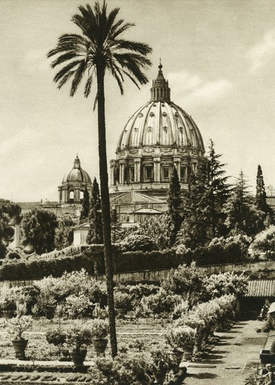 Zicht op de Vaticaanse tuinen en de Sint-Pietersbasiliek (San Pietro) in Rome door Unbekannt