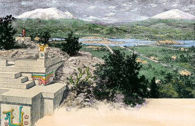 Uitzicht op de stad Tenochtitlan (of Mexico Tenochtitlan), zoals het was op het eiland gelegen aan het Texocomeer, toen het de hoofdstad van het Azteekse rijk was, voor 1521 - Gekleurde gravure door Unbekannter Künstler