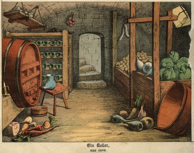 Zicht op het interieur van een kelder die wordt gebruikt om zowel wijn als groenten en vleeswaren te bewaren. Plaat uit een Frans-Duits kinderwoordenboek door Unbekannt