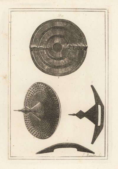 Zichten van een oude concave rondel met umbo of spike gemaakt van leer, ijzeren plaat en koperen spijkers door Unbekannt