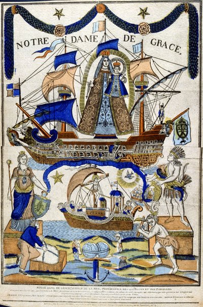 Maagd Maria als Madonna in Glorie (Notre Dame de Grace) als beschermster van zeelieden en reizigers, met de Heilige Geest die over een schip vliegt in het onderste deel. 19e eeuw (Franse houtsnede) door Unbekannter Künstler