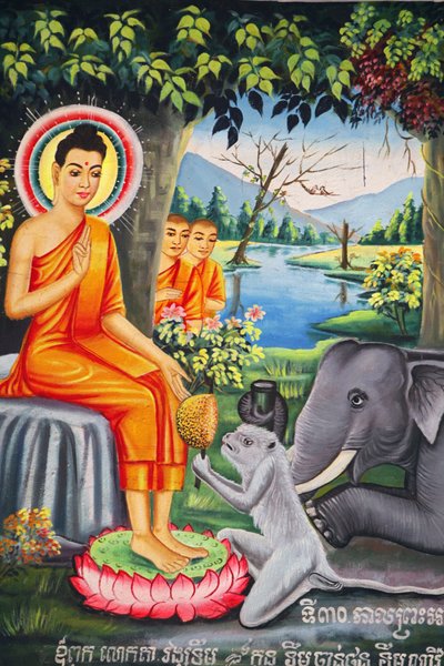 Muurschildering in Wat Pitchey Udong: Scène uit het leven van de Boeddha, Boeddha gevoed door een aap terwijl hij vastte, Kampot, Cambodja door Unbekannt