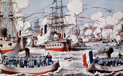 Oorlog tussen China en Frankrijk (1884-1885): Vernietiging van de Chinese vloot door admiraal Courbet in Fou Tcheou, 23 augustus door Unbekannter Künstler