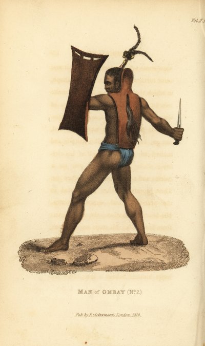 Krijger van Ombai met harnas, schild en kris. Hij draagt zijn haar opgestoken in een pluim. Man van Ombai-eiland (Ombay), Indonesië. Handgekleurde kopergravure naar een illustratie van Jacques Arago uit Frederic Shoberl