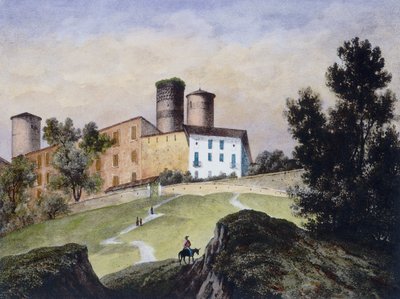 Aquarelprint door Francesco Gonin met het kasteel van Castiglione Falletto waar het wordt bewaard door Unbekannt