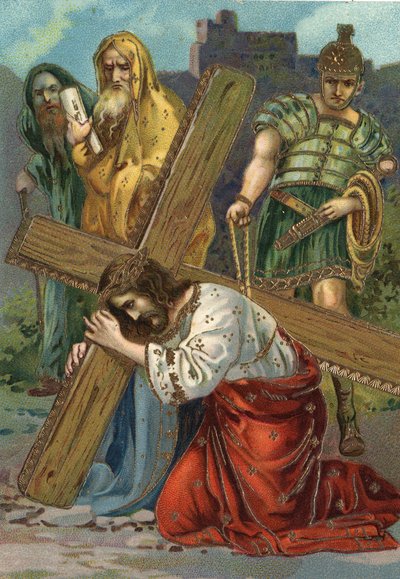 Kruisweg - via crucis - Kruiswegstaties: Zevende statie, Jezus valt voor de tweede keer. Chromolithografie Privécollectie door William M. Timlin