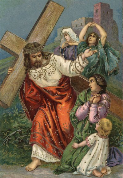 Kruisweg - via crucis - Staties van de Kruisweg: achtste statie, Jezus ontmoet de vrouwen van Jeruzalem Chromolithografie Privécollectie door Unbekannt