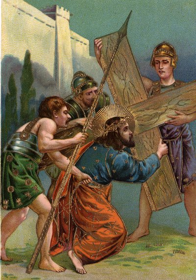 Kruisweg - via crucis - Kruiswegstaties: derde statie, Jezus valt voor de eerste keer onder het gewicht van zijn kruis (Jezus valt voor de eerste keer). Chromolithografie Privécollectie door William M. Timlin