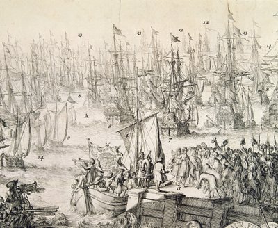 Willem van Oranje vertrekt naar Engeland in november 1688 (gravure) door Unbekannter Künstler