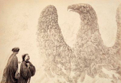 Binnen de sfeer van Jupiter ziet Dante de gezegende geesten zich vormen in de vorm van een adelaar, symbool van het Rijk. Illustratie van Canto XVIII in Paradiso van De Goddelijke Komedie door Dante Alighieri. Werk van Francesco Scaramuzza door Unbekannter Künstler