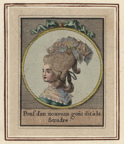 Vrouw in een nieuwe stijl van pouf genaamd de Stradre. Handgekleurde kopergravure uit een Album van Modieuze Kapsels van 1783, Suite des Coeffures a la Mode en 1783, Enauts et Rapilly, Parijs door Unbekannter Künstler