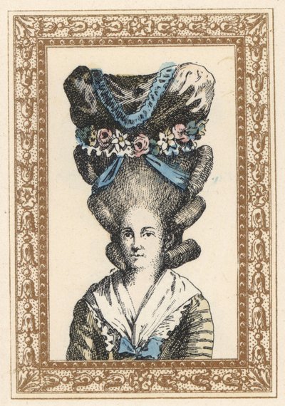 Vrouw in de Gabrielle Vergy-muts, vastgebonden met linten en bloemenkransen. Hoed à la Gabrielle Vergy, geïnspireerd door Dormont De Belloyd