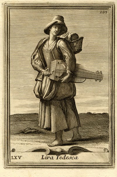 Vrouw die het oude wiel bespeelt (of "Lira tedesca" of "ghironda"). In "Gabinetto Armonico" door Filippo Bonanni, Rome door Unbekannter Künstler