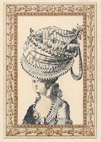 Vrouw met een enorme hoed genaamd het Geluk van de Eeuw. Handgekleurde lithografie door de Laubadere uit Octave Uzane