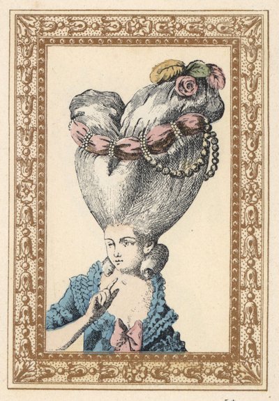 Vrouw met haar haar opgestoken over een pouf (steun) en versierd met bloemen, parels en een sjerp, genaamd de Vlo. De Pouf heeft de Chia. Handgekleurde lithografie door de Laubadere uit Octave Uzane