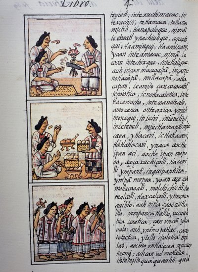 Vrouwen die een feest voorbereiden, Boek IV van de Florentijnse Codex, Tweetalige versie in Spaans en Nahuatl, Algemene Geschiedenis van de Dingen van Nieuw-Spanje door William M. Timlin