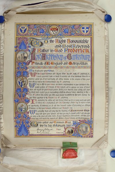 Geschreven welkomstadres aan aartsbisschop Frederick Temple door Alec Hunter