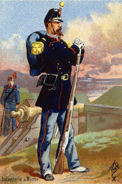 X: Marine-infanterie. Gravure in "Militair Alfabet". Initialen van de illustrator: A. D. Onbekende uitgever. Chromolithografieën eind 19e eeuw. Dim: 10,5x7cm door Unbekannt