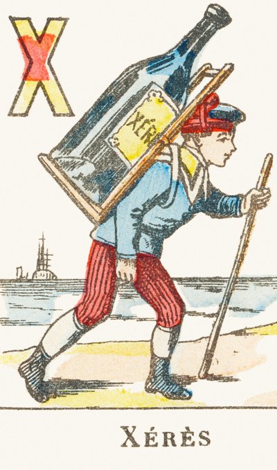 X : Xeres, een jongen draagt een grote fles wijn - Spellenalfabet, circa 1890 door Unbekannt