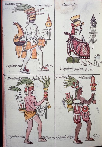 Xiuhtecuhtli, Omacatl, Macuilxochitl, Ixtlilton, Pagina uit Florentijnse Codex, Versie in Spaans en Nahuatl, Algemene Geschiedenis van de Dingen van Nieuw-Spanje (Historia general de las cosas de Nueva Espana), Azteeks door Benjamin Baud