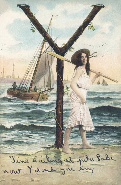 Y - Een vrouw op blote voeten, gekleed in een mouwloze korte jurk, houdt een roeispaan op haar linkerschouder. Maritiem decor - Alphabet personnages, Theodor Eisman, Leipzig door Unbekannt