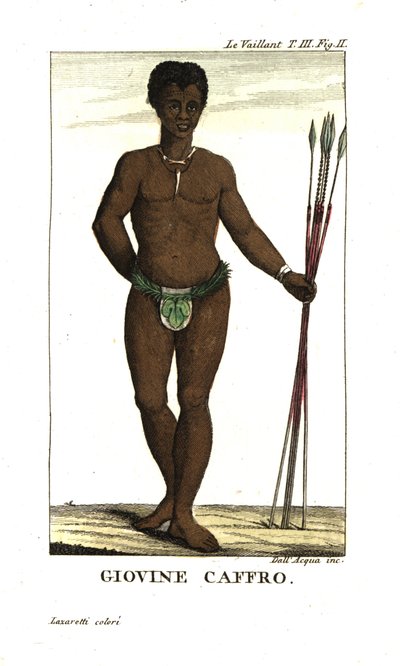 Jonge San man, met speren, Zuid-Afrika. Uit Francois Le Vaillant (Levaillant door Unbekannter Künstler