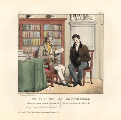 Jonge heer in de studeerkamer van een adviseur die een brief leest. Hij zegt, Ik sta geheel tot uw beschikking. Hij denkt, Weer een gratis diner! Handgekleurde lithografie door de gebroeders Gihaut naar een illustratie van de Zwitserse kunstenaar Jean Gabr door Unbekannter Künstler