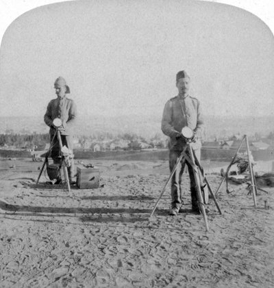 Britse heliografie vanuit het fort van Johannesburg, nieuws van de bezetting, Boerenoorlog, 1900 door Underwood and Underwood