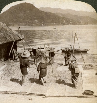 Gersten dorsen naast een vissersstrand aan de Binnenzee, Japan, 1904 door Underwood and Underwood