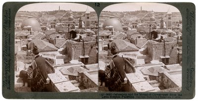 Jeruzalem en de Olijfberg, kijkend naar het oosten vanaf het Latijnse Hospice, Palestina, 1900s door Underwood and Underwood