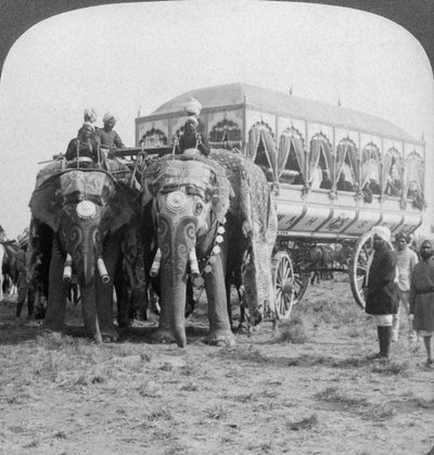 Rijkelijk versierde olifanten en koets van de Maharaja van Rewa bij de Delhi Durbar, India, 1903 door Underwood and Underwood