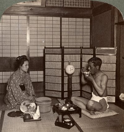 Avondmaaltijd in een hotel, Hiroshima, Japan door Underwood and Underwood