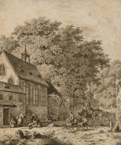 Landschap met kerk en boeren door Unidentified