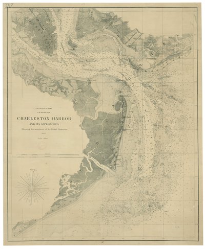 De haven van Charleston en zijn toegangswegen met de posities van de rebellenbatterijen LOC lva0000206 door United States Coast Survey
