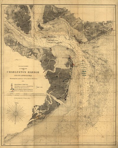 De haven van Charleston en de toegangswegen tonen de posities van de rebellenbatterijen. LOC 99448827 door United States Coast Survey