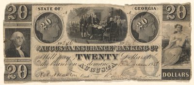 20 dollarbiljet uitgegeven door de Augusta Insurance & Banking Co., Augusta, Georgia in 1858 met gravures van Onafhankelijkheidsverklaring naar Trumbull, Washington naar Stuart (?) door Unknown
