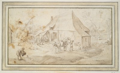 Een boerderij met drie figuren door Unknown